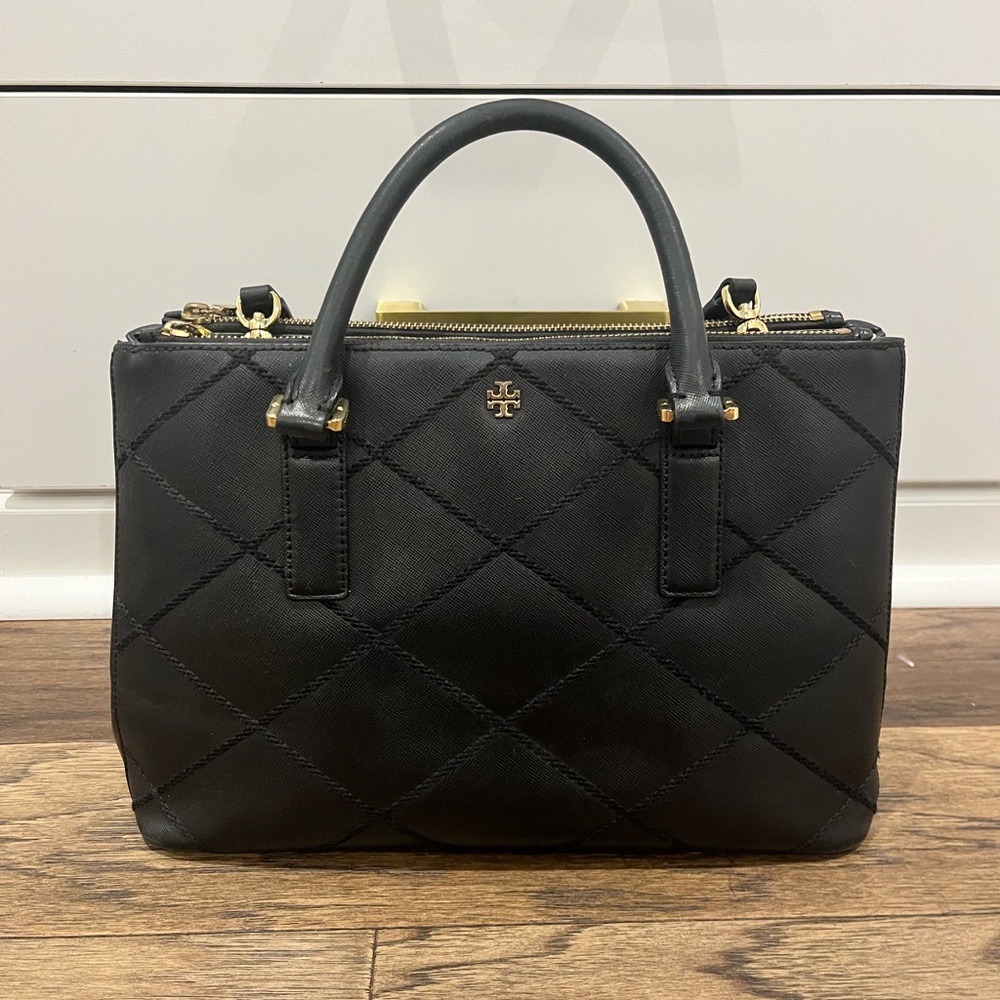 Tory Burch Black Quilted Satchel with Gold Hardware